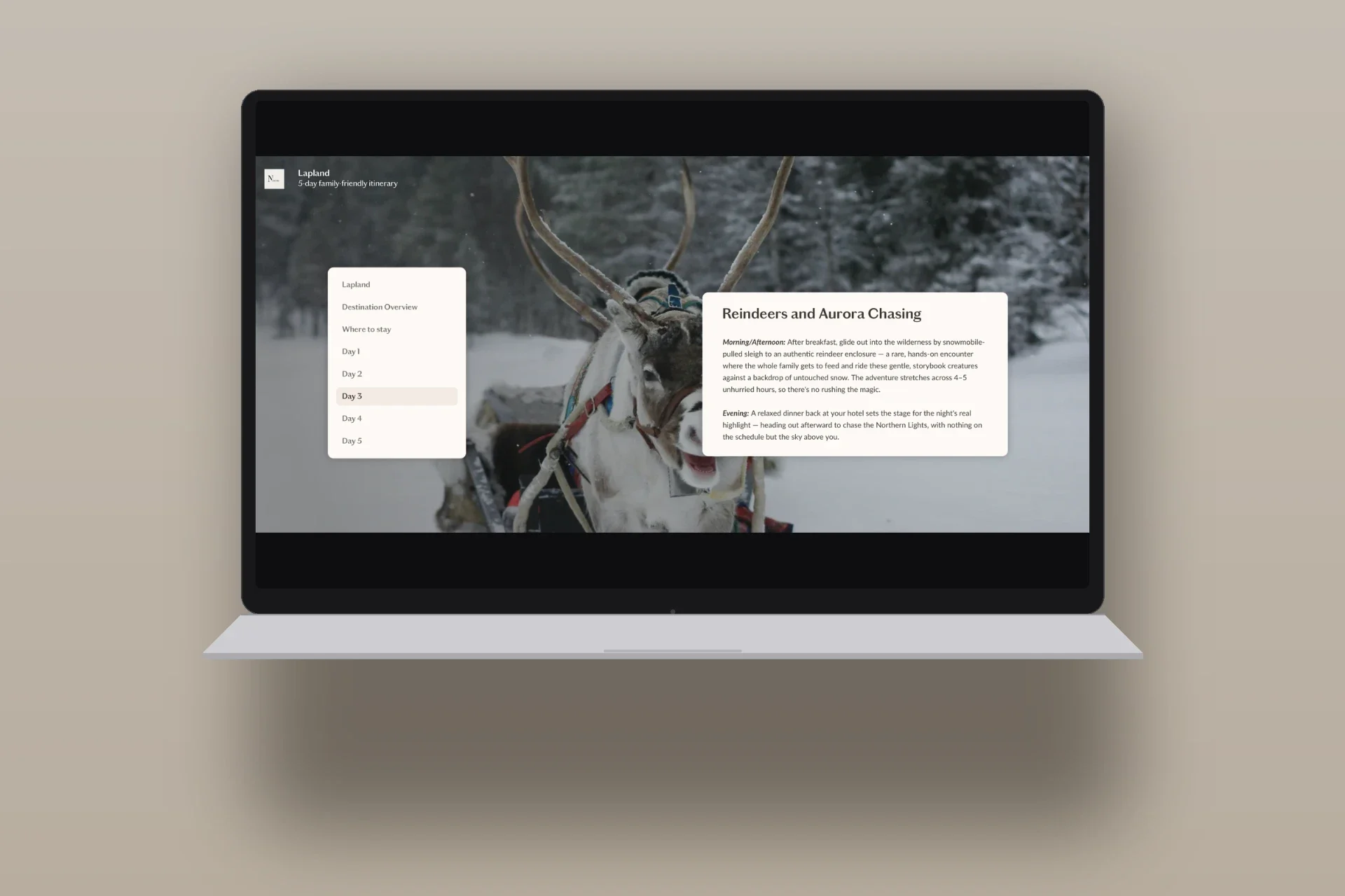 Preview of a day-by-day page of the Lapland itinerary on a laptop screen.
