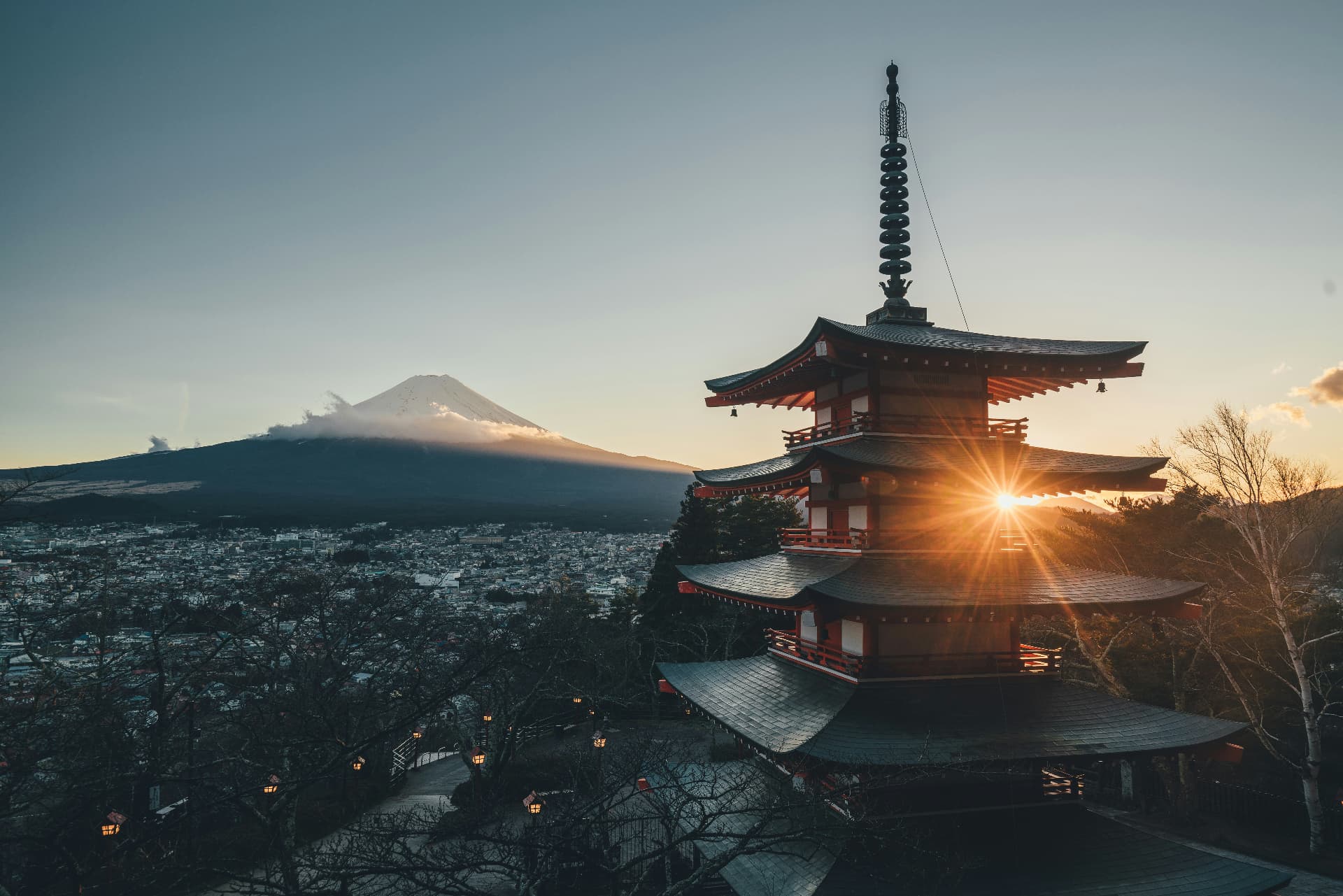 Chureito Pagoda at sunrise with Mount Fuji in the distance, Japan.