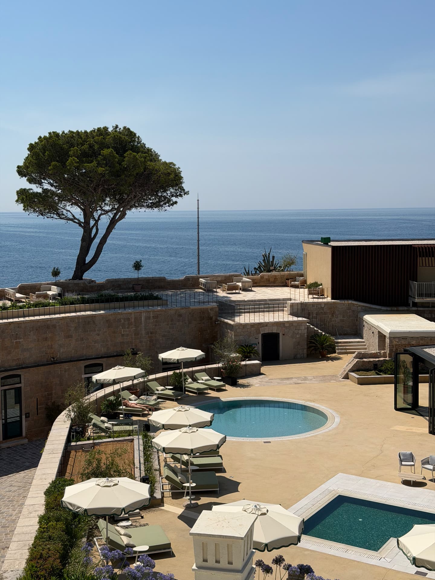 Pool terrace with parasols and a lone pine overlooking the Adriatic at Mamula Island by Banyan Tree, Montenegro.