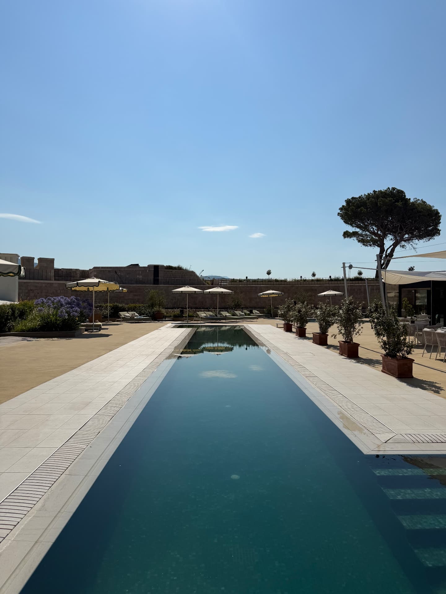Long lap pool framed by fortress walls and potted olive trees at Mamula Island, Montenegro.